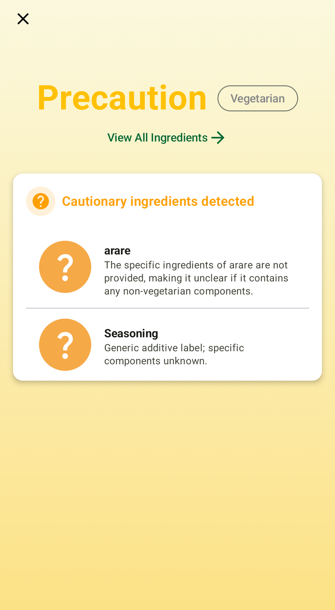 Foodfit Japan warning screen with precautionary ingredient alerts